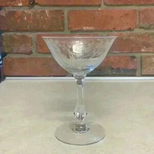 Duncan & Miller Crystal Champagne Coupe Etched “Charmaine Rose”…Vintage 1953